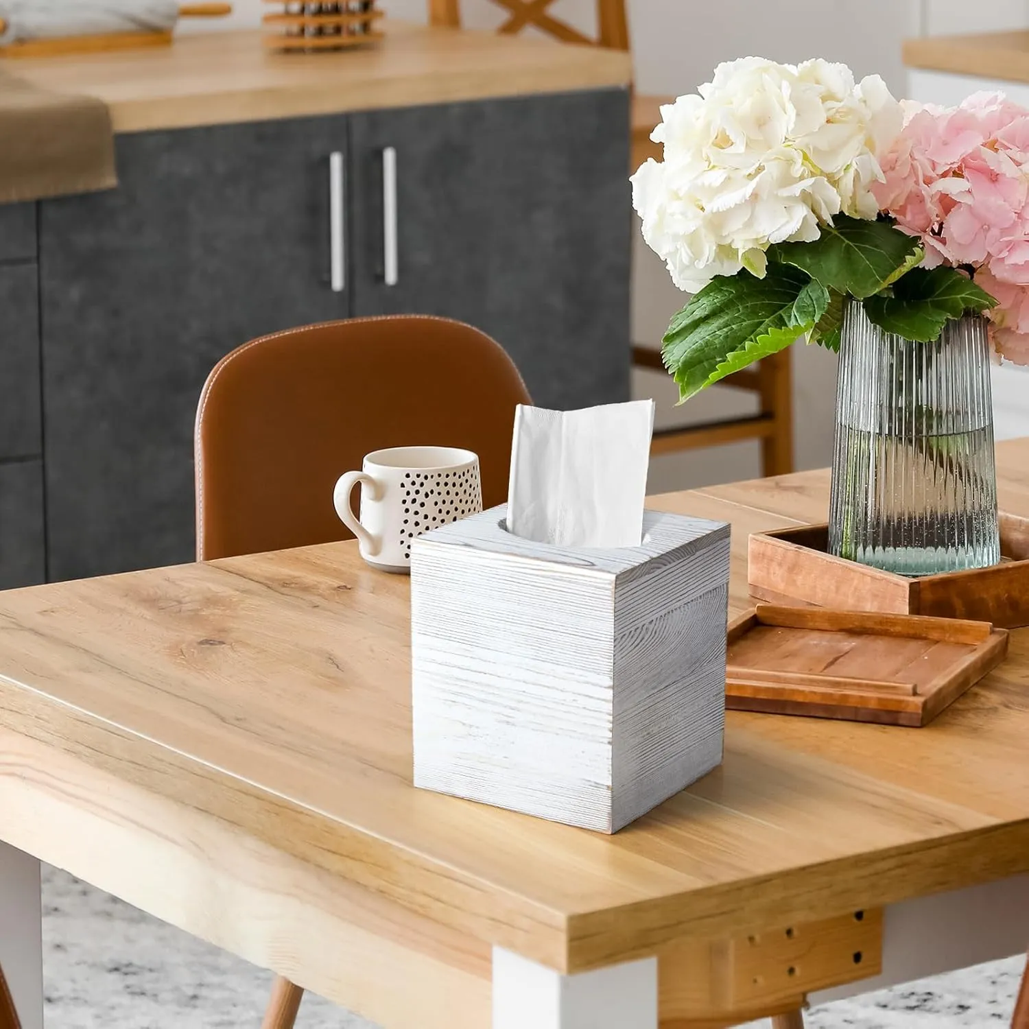 ALELION Rustic Tissue Box Cover Square - Thick Wooden Tissue Box Holder for Tabletop Night Stands Bathroom Office - Decorative White Facial Cube Tissue Box Cover