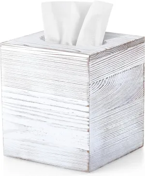 ALELION Rustic Tissue Box Cover Square - Thick Wooden Tissue Box Holder for Tabletop Night Stands Bathroom Office - Decorative White Facial Cube Tissue Box Cover
