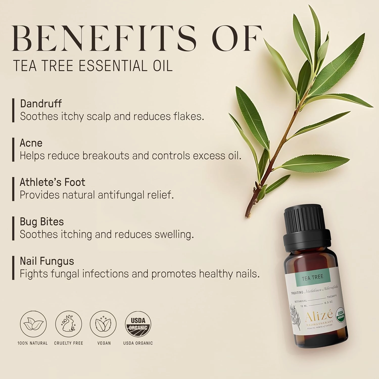 Alizé Tea Tree Essential Oil, USDA Certified Organic 100% Natural & Pure Undiluted Essential Oils for Diffusers for Home, Aromatherapy Oils, Diffuser Oils Scents, Cleansing, Soothing, 10ml-0.33 fl oz