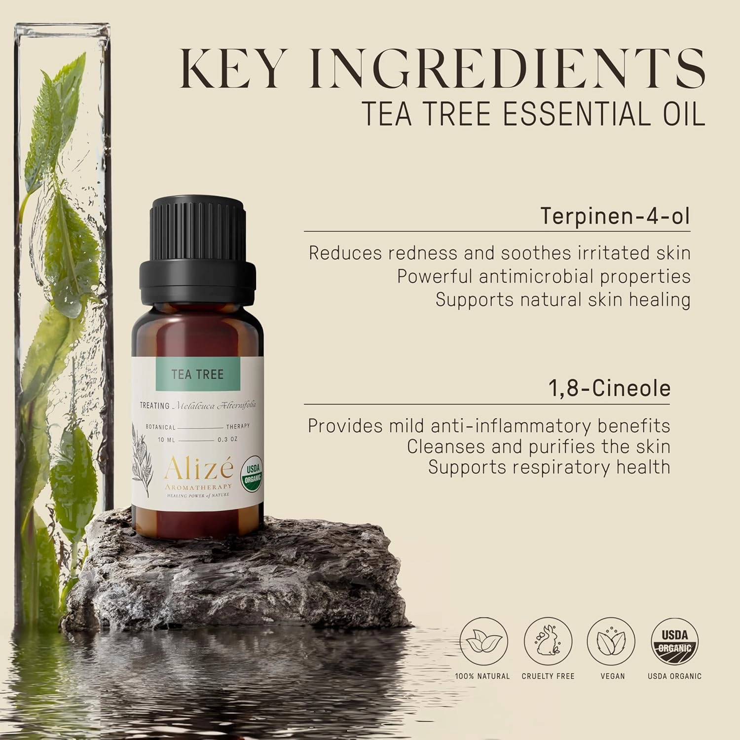 Alizé Tea Tree Essential Oil, USDA Certified Organic 100% Natural & Pure Undiluted Essential Oils for Diffusers for Home, Aromatherapy Oils, Diffuser Oils Scents, Cleansing, Soothing, 10ml-0.33 fl oz