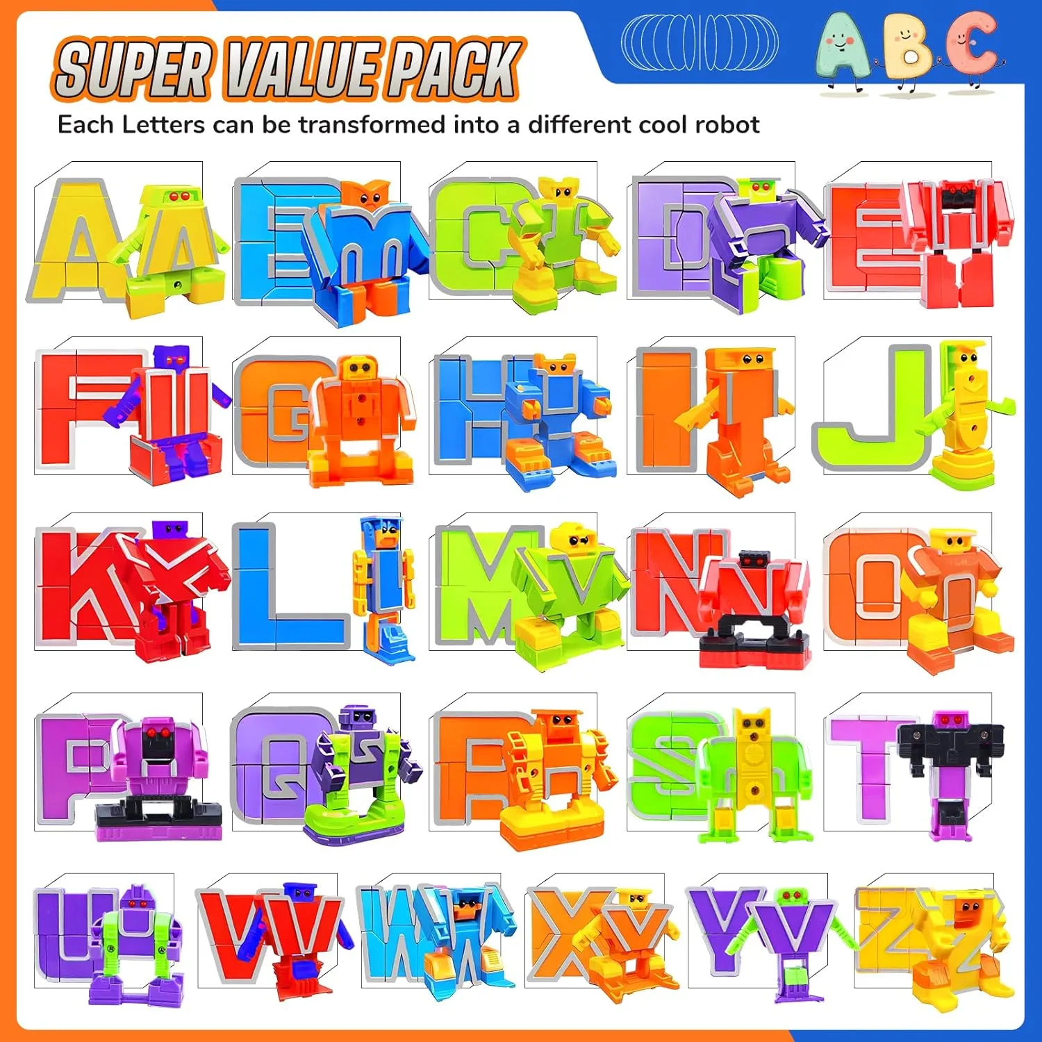Alphabet Robots Transforming Toys with 26 Phonics Cards & Storage Box - ABC Learning Robots for Kids Ages 3-7 Boys and Girls Birthday Gifts