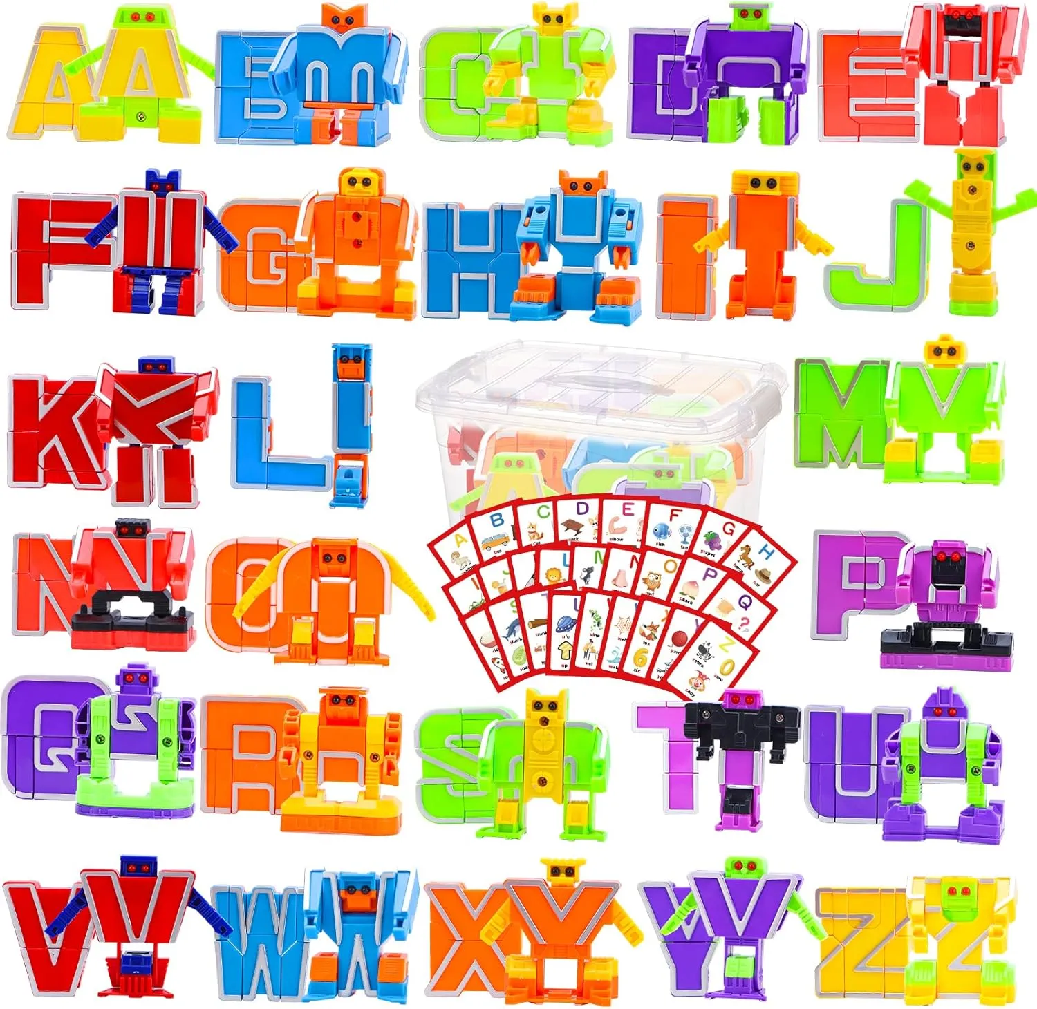 Alphabet Robots Transforming Toys with 26 Phonics Cards & Storage Box - ABC Learning Robots for Kids Ages 3-7 Boys and Girls Birthday Gifts