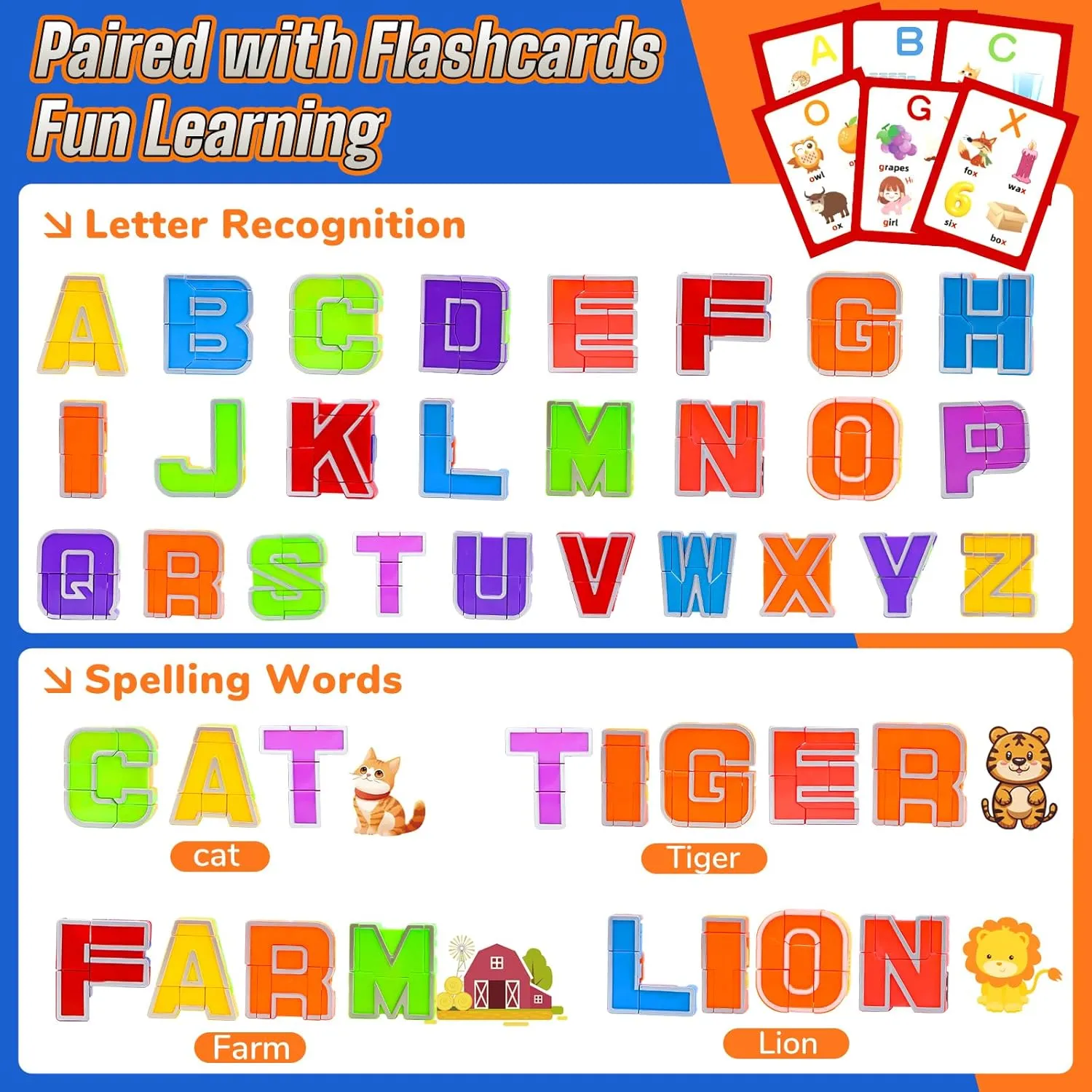 Alphabet Robots Transforming Toys with 26 Phonics Cards & Storage Box - ABC Learning Robots for Kids Ages 3-7 Boys and Girls Birthday Gifts
