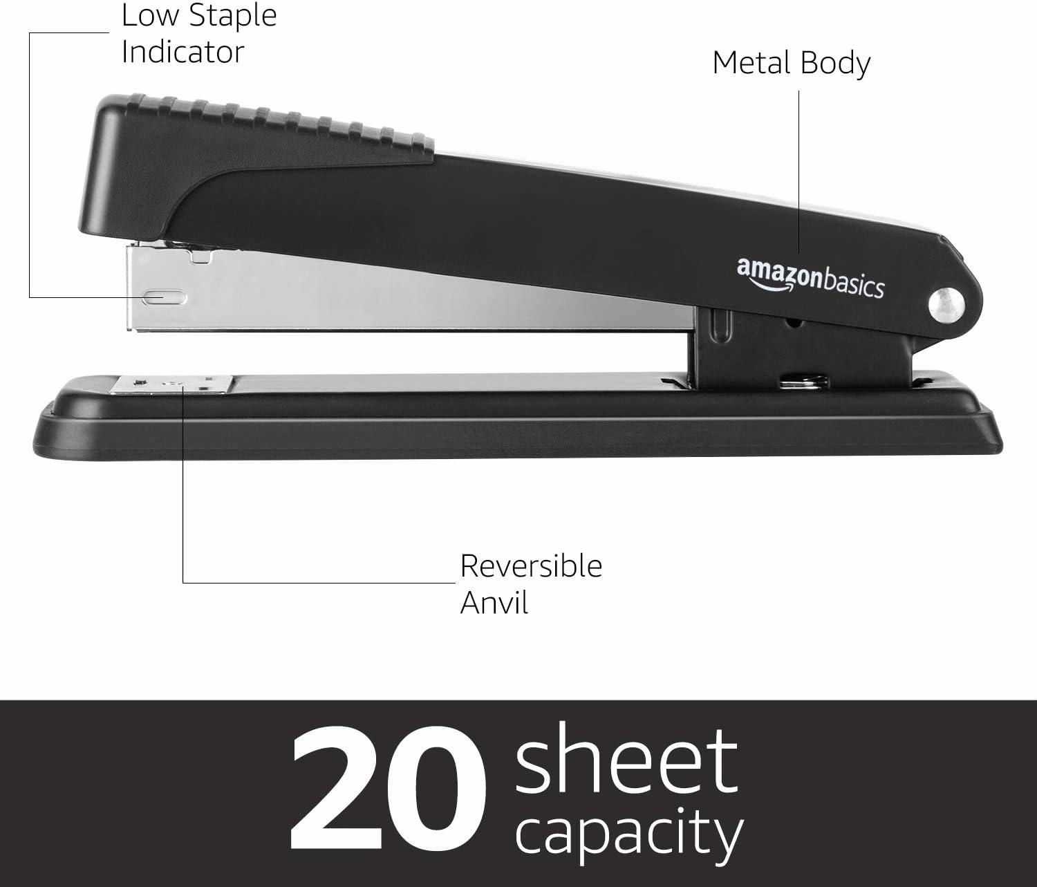 Amazon Basics Desktop Stapler, Full-Strip, 20 Sheet Capacity, Black, Pack of 12