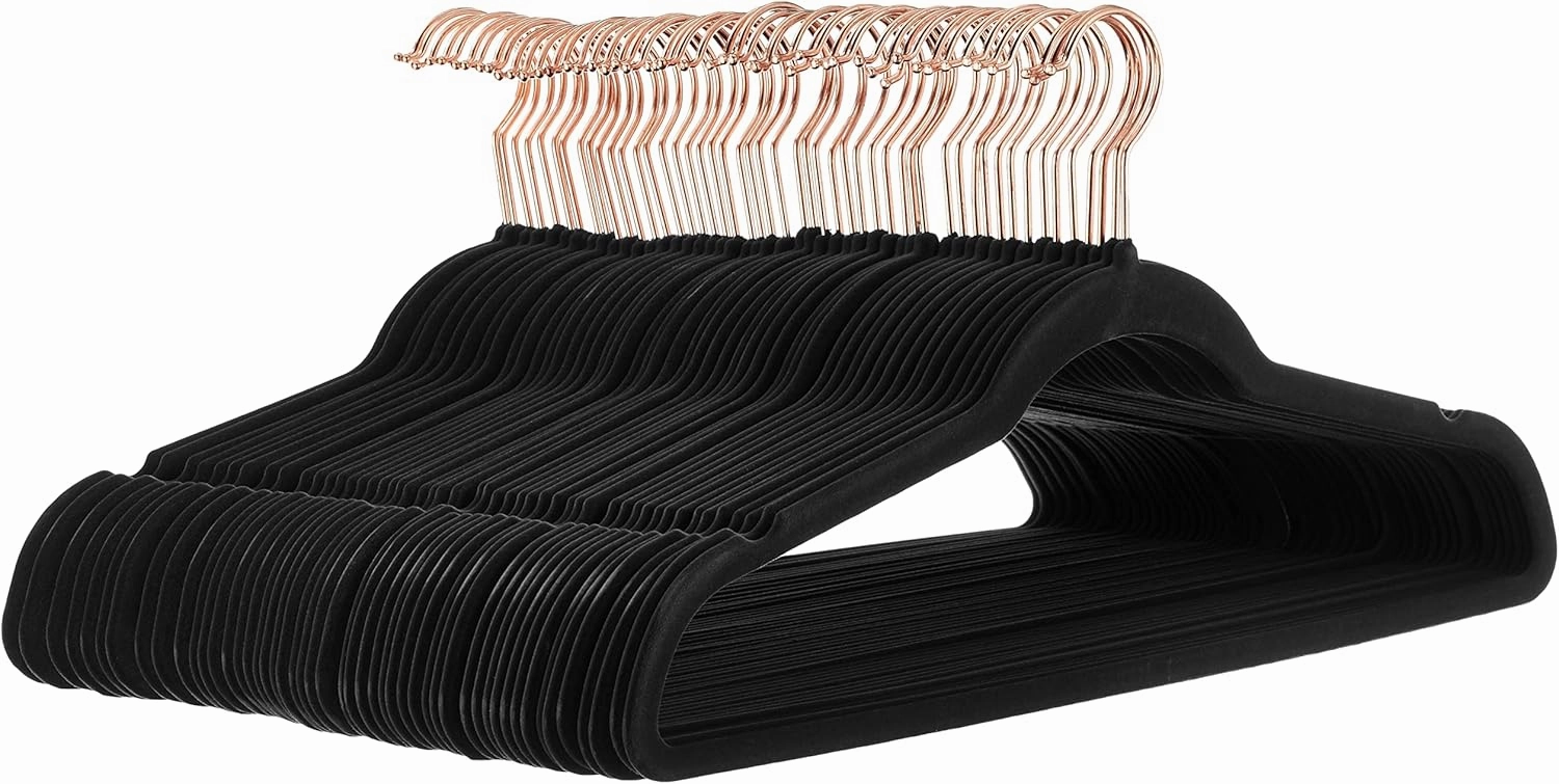 Amazon Basics Slim, Velvet, Non-Slip Suit Clothes Hangers, Black/Rose Gold - Pack of 50