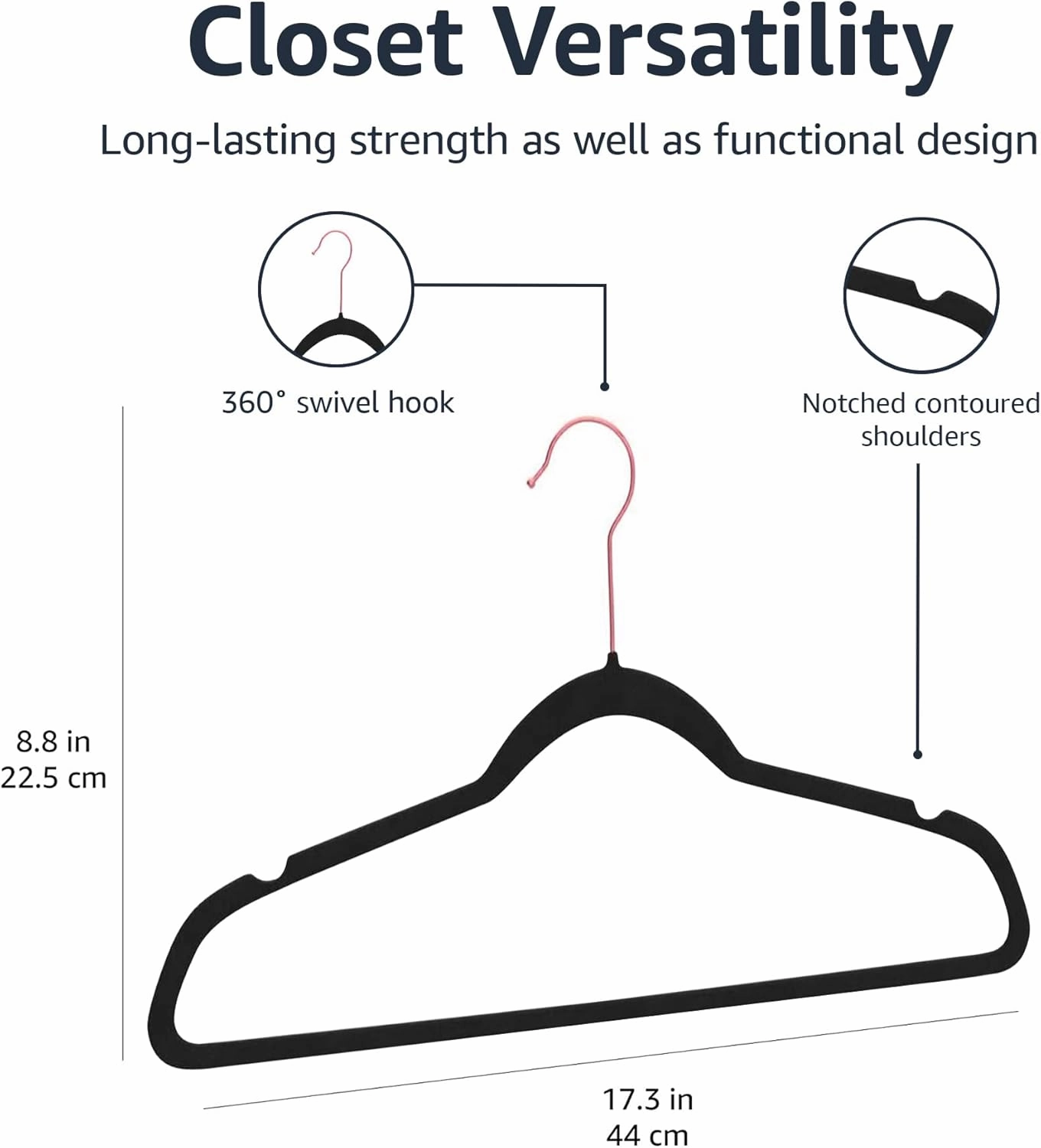 Amazon Basics Slim, Velvet, Non-Slip Suit Clothes Hangers, Black/Rose Gold - Pack of 50