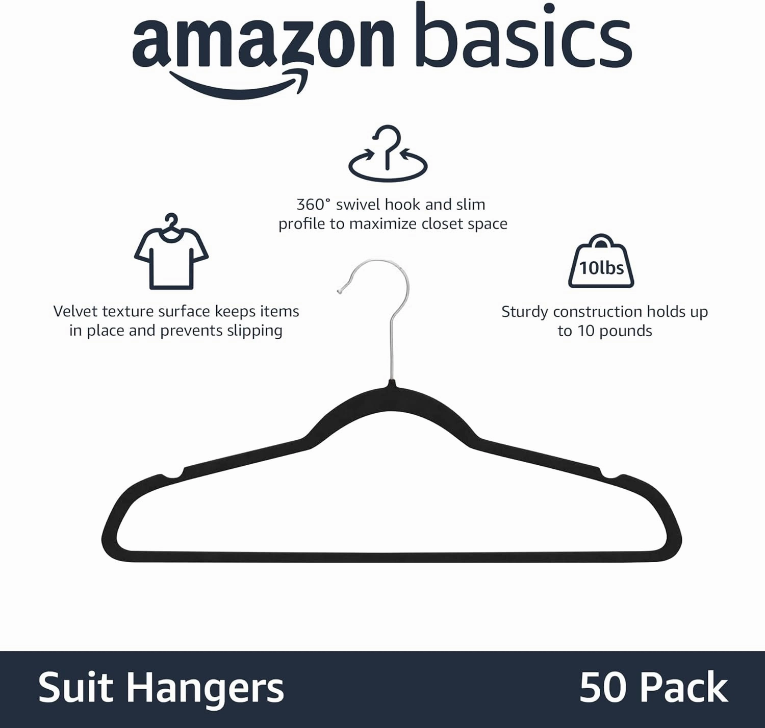 Amazon Basics Slim, Velvet, Non-Slip Suit Clothes Hangers, Pack of 50, Black