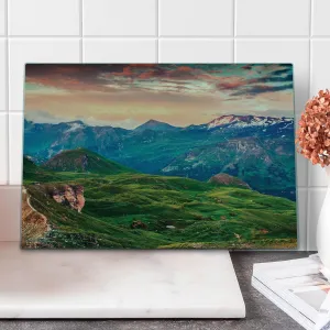 Ambesonne Mountain Cutting Board, Summer Morning of Grossglockner High Alpine Road Austrian Dramatic Sunset, Decorative Tempered Glass Cutting and Serving Board, Large Size, Coral Teal Green