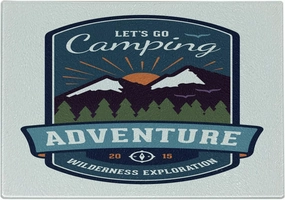 Ambesonne Adventure Cutting Board, Signboard of Camping Wilderness Exploration Mountains Illustration, Decorative Tempered Glass Cutting and Serving Board, Small Size, White and Multicolor