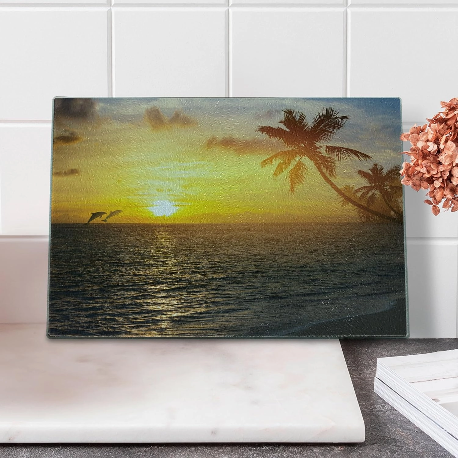 Ambesonne Beach Cutting Board, Palm Trees in Tropical Island Beach Jumping Fishes And Majestic Sunset Image, Decorative Tempered Glass Cutting and Serving Board, Small Size, Yellow Bluegrey