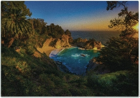 Ambesonne Big Sur Cutting Board, Carmel California Exotic Scene with McWay Falls and Tropic Botany at Dusk, Decorative Tempered Glass Cutting and Serving Board, Small Size, Multicolor