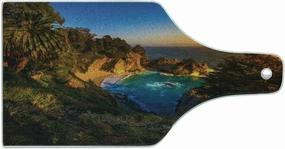 Ambesonne Big Sur Cutting Board, Carmel California Exotic Scene with McWay Falls and Tropic Botany at Dusk, Decorative Tempered Glass Cutting and Serving Board, Wine Bottle Shape, Multicolor