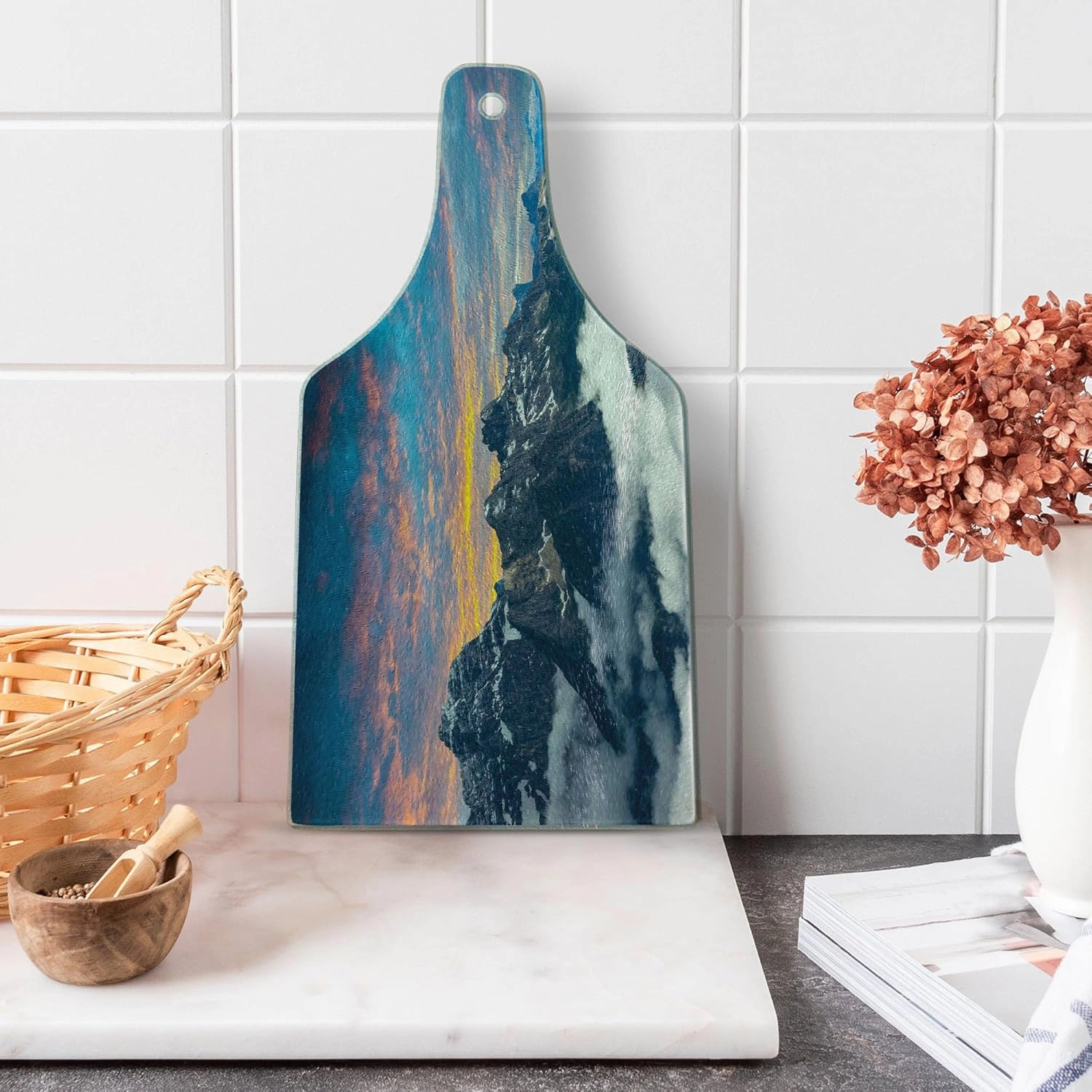 Ambesonne Mountain Cutting Board, Alpine Scenery Foggy Italian Natural Park Vivid Sky Above Clouds Photography, Decorative Tempered Glass Cutting and Serving Board, Wine Bottle Shape, Black White Blue