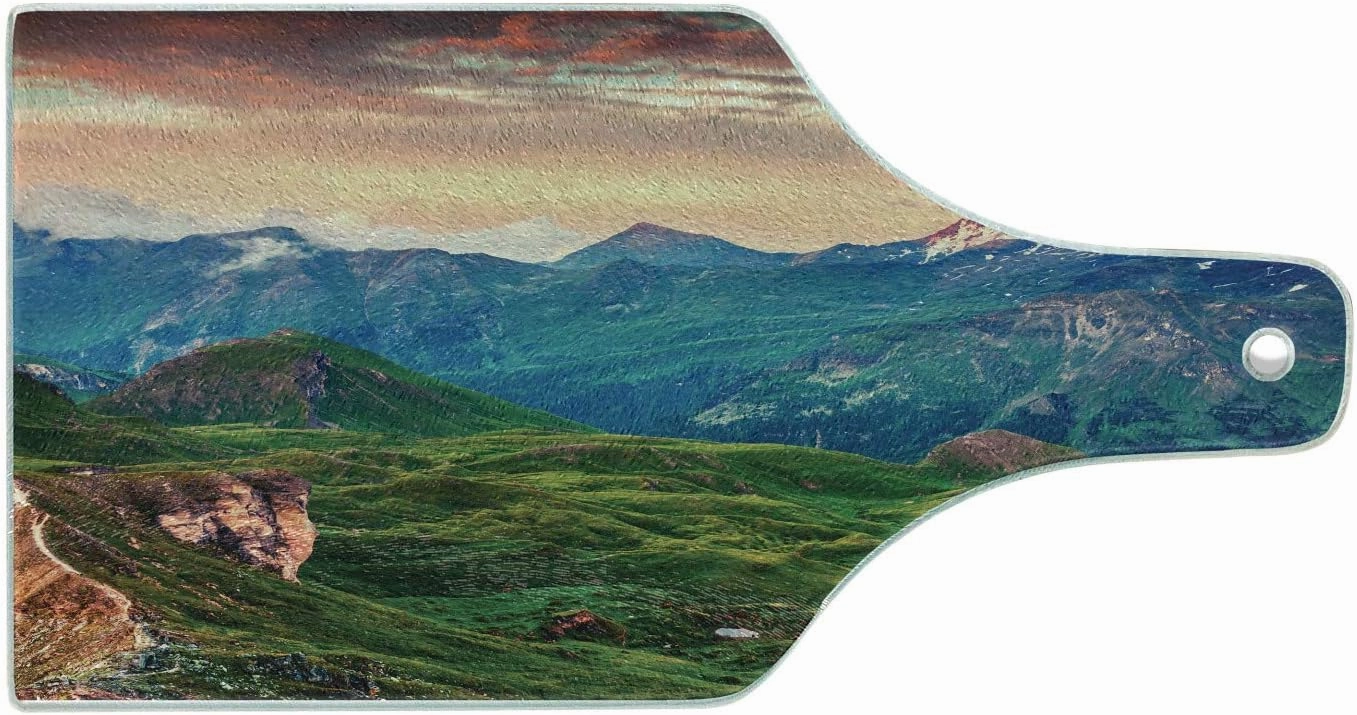 Ambesonne Mountain Cutting Board, Summer Morning of Grossglockner High Alpine Road Austrian Dramatic Sunset, Decorative Tempered Glass Cutting and Serving Board, Wine Bottle Shape, Coral Teal Green