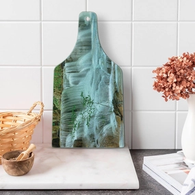 Ambesonne Nature Cutting Board, Waterfall Trees Japanese Garden Themed View Picture Print Jungle Stream Scenery, Decorative Tempered Glass Cutting and Serving Board, Wine Bottle Shape, Green and Brown