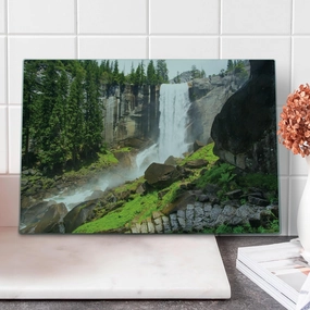 Ambesonne Yosemite Cutting Board, Vernal Fall Yosemite National Park Alpine Forest Rocks Wild Natural Scenic Photo, Decorative Tempered Glass Cutting and Serving Board, Large Size, White Green
