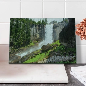 Ambesonne Yosemite Cutting Board, Vernal Fall Yosemite National Park Alpine Forest Rocks Wild Natural Scenic Photo, Decorative Tempered Glass Cutting and Serving Board, Small Size, White Green