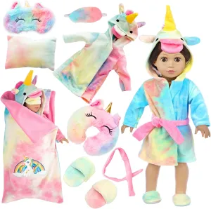 American 18 inch Doll Clothes and Doll Sleeping Bag Set - Rainbow Unicorn Doll Costume with Unicorn Style Sleeping Bag, Pillow, Eye Mask Slumber Party Accessories Fits 18 Inch Doll (NO Doll)