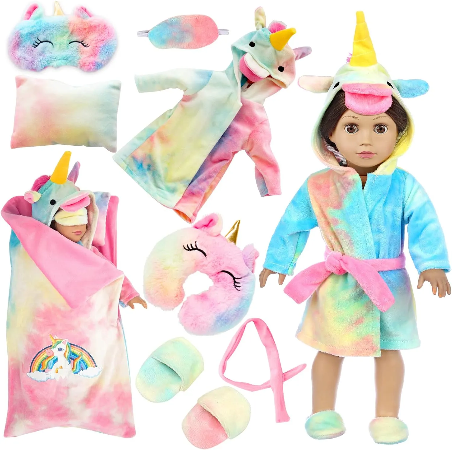 American 18 inch Doll Clothes and Doll Sleeping Bag Set - Rainbow Unicorn Doll Costume with Unicorn Style Sleeping Bag, Pillow, Eye Mask Slumber Party Accessories Fits 18 Inch Doll (NO Doll)