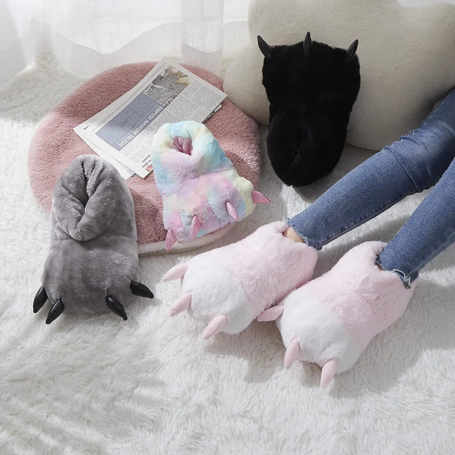 Animal Paw Slippers Plush Warm Home Closed Back Shoes Fluffy Funny Furry Claw for Kids Boys Girls Adults Women Cosplay Holiday Indoor Winter