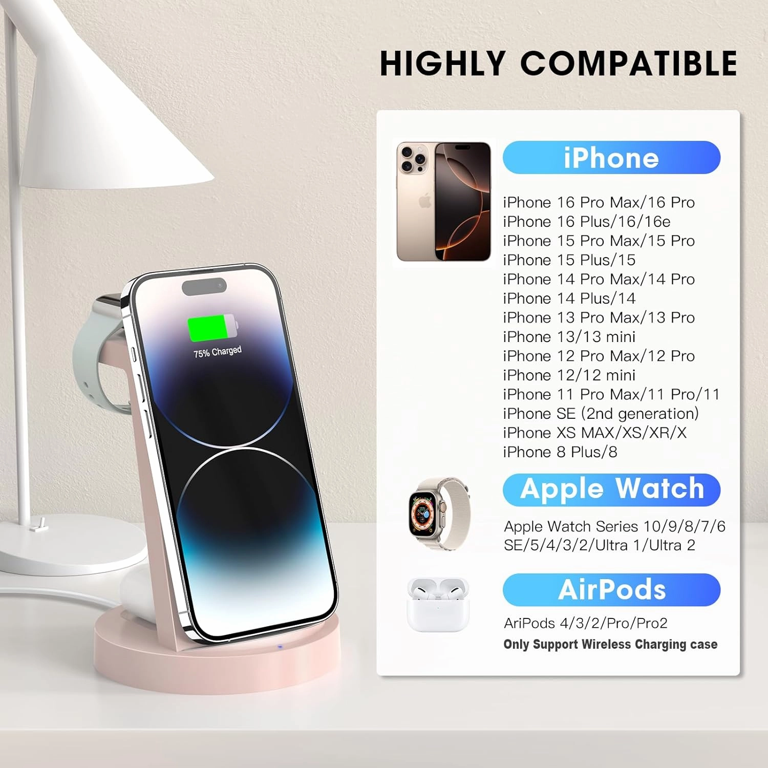 Anlmz 3 in 1 Charging Station for iPhone, Wireless Charger for iPhone 16 15 14 13 12 11 X Pro Max & Apple Watch - Charging Stand Dock for AirPods (Pink)