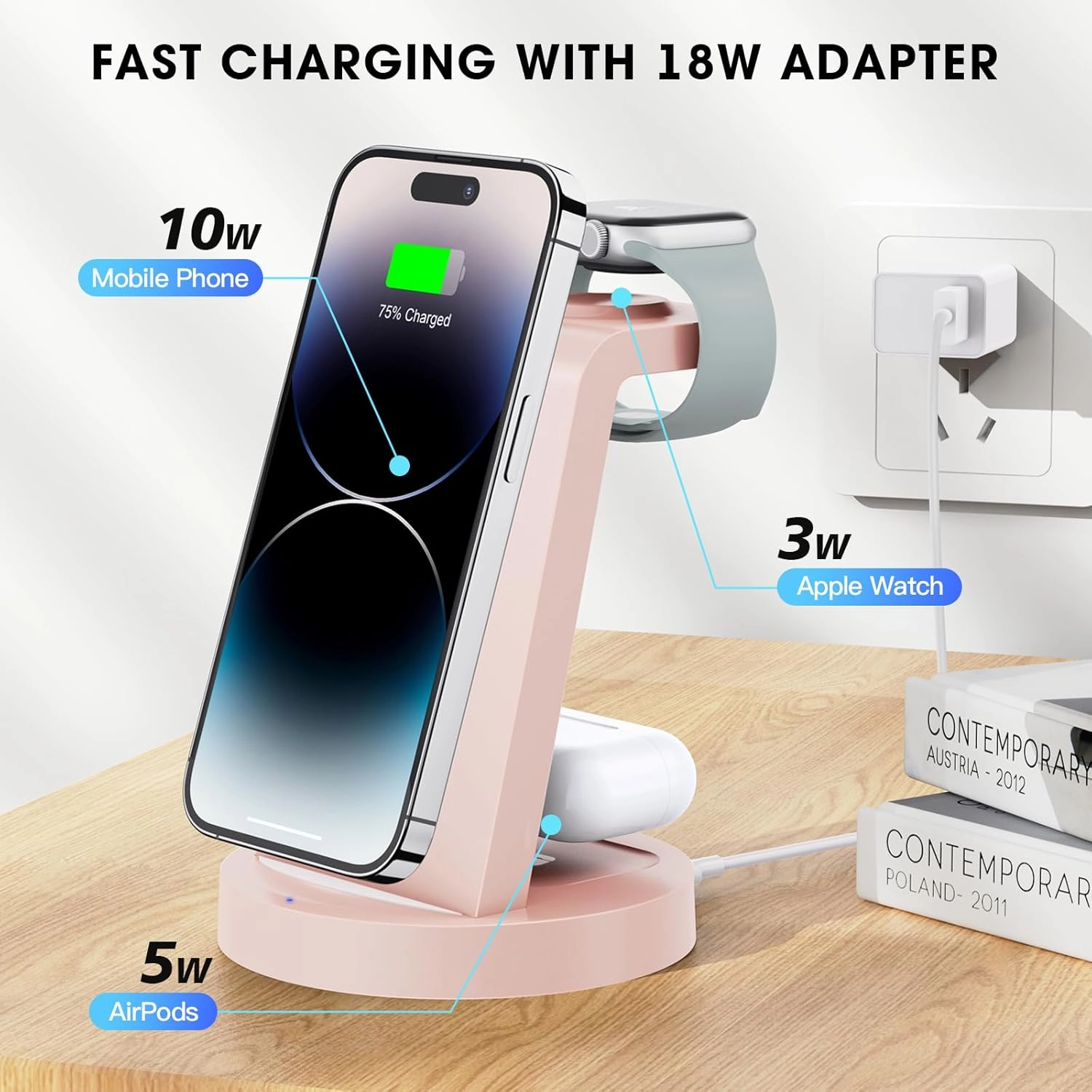 Anlmz 3 in 1 Charging Station for iPhone, Wireless Charger for iPhone 16 15 14 13 12 11 X Pro Max & Apple Watch - Charging Stand Dock for AirPods (Pink)