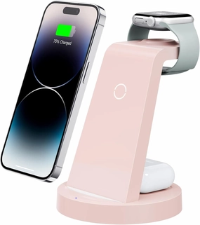 Anlmz 3 in 1 Charging Station for iPhone, Wireless Charger for iPhone 16 15 14 13 12 11 X Pro Max & Apple Watch - Charging Stand Dock for AirPods (Pink)
