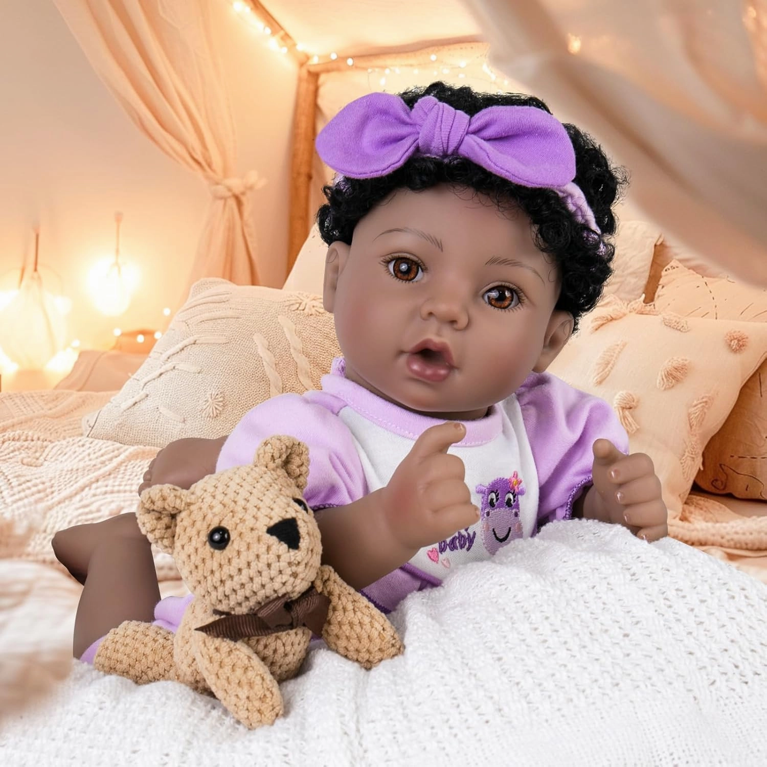 Aori Reborn Baby Dolls Black American Girl - 18" Lifelike Newborn Doll with Posable Limbs Weighted Body for Realistic Feel Handmade Collectible Gift Set Including Bassinet Outfit & Accessories
