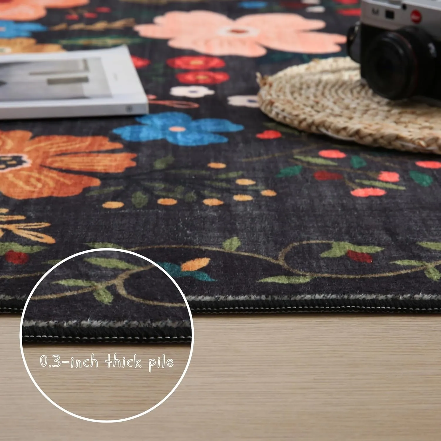 Area Rugs 9x12 Living Room Clearance Washable Boho Rug Non Slip Floral Vintage Low Pile Large Rug for Living Room, Bedroom, Farmhouse, Dining Room, Kids Playroom(Black)