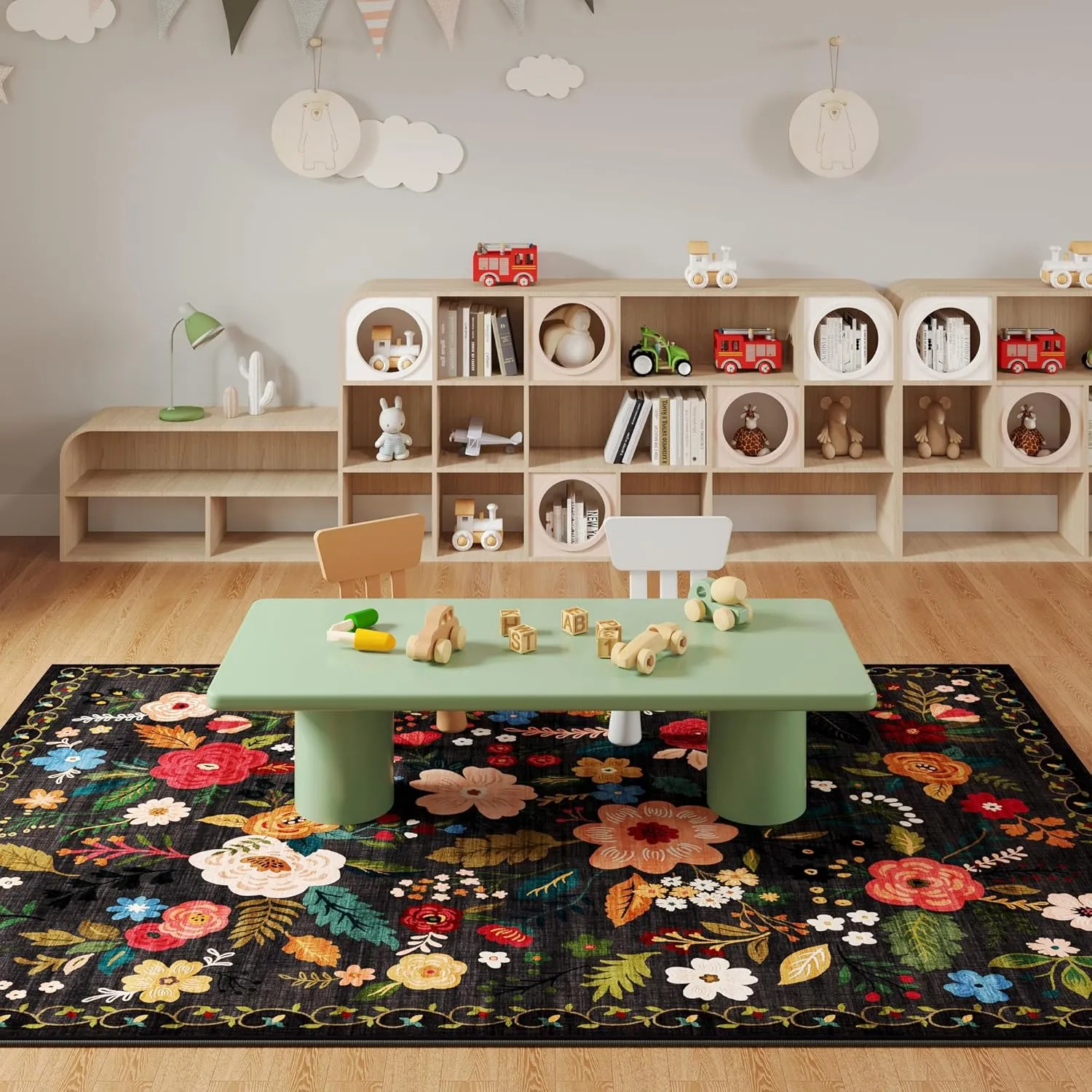 Area Rugs 9x12 Living Room Clearance Washable Boho Rug Non Slip Floral Vintage Low Pile Large Rug for Living Room, Bedroom, Farmhouse, Dining Room, Kids Playroom(Black)