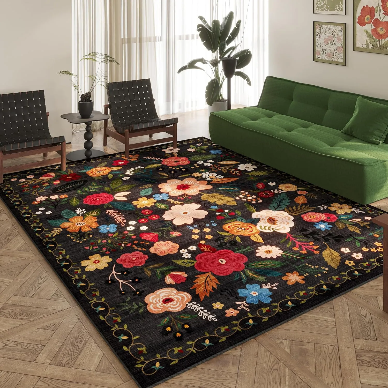 Area Rugs 9x12 Living Room Clearance Washable Boho Rug Non Slip Floral Vintage Low Pile Large Rug for Living Room, Bedroom, Farmhouse, Dining Room, Kids Playroom(Black)
