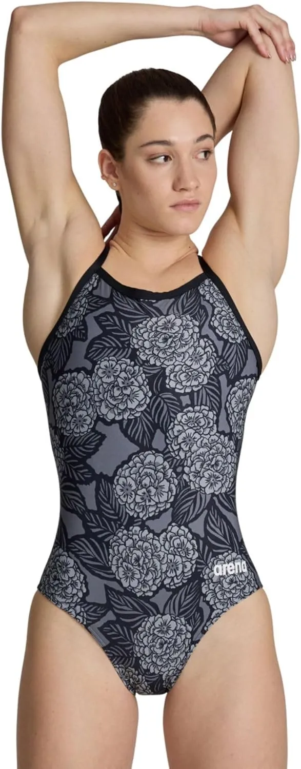 ARENA Women's Hydrangea Bouquet Lightdrop Back One Piece Swimsuit Chlorine Resistant Swimwear for Swim Competition Training