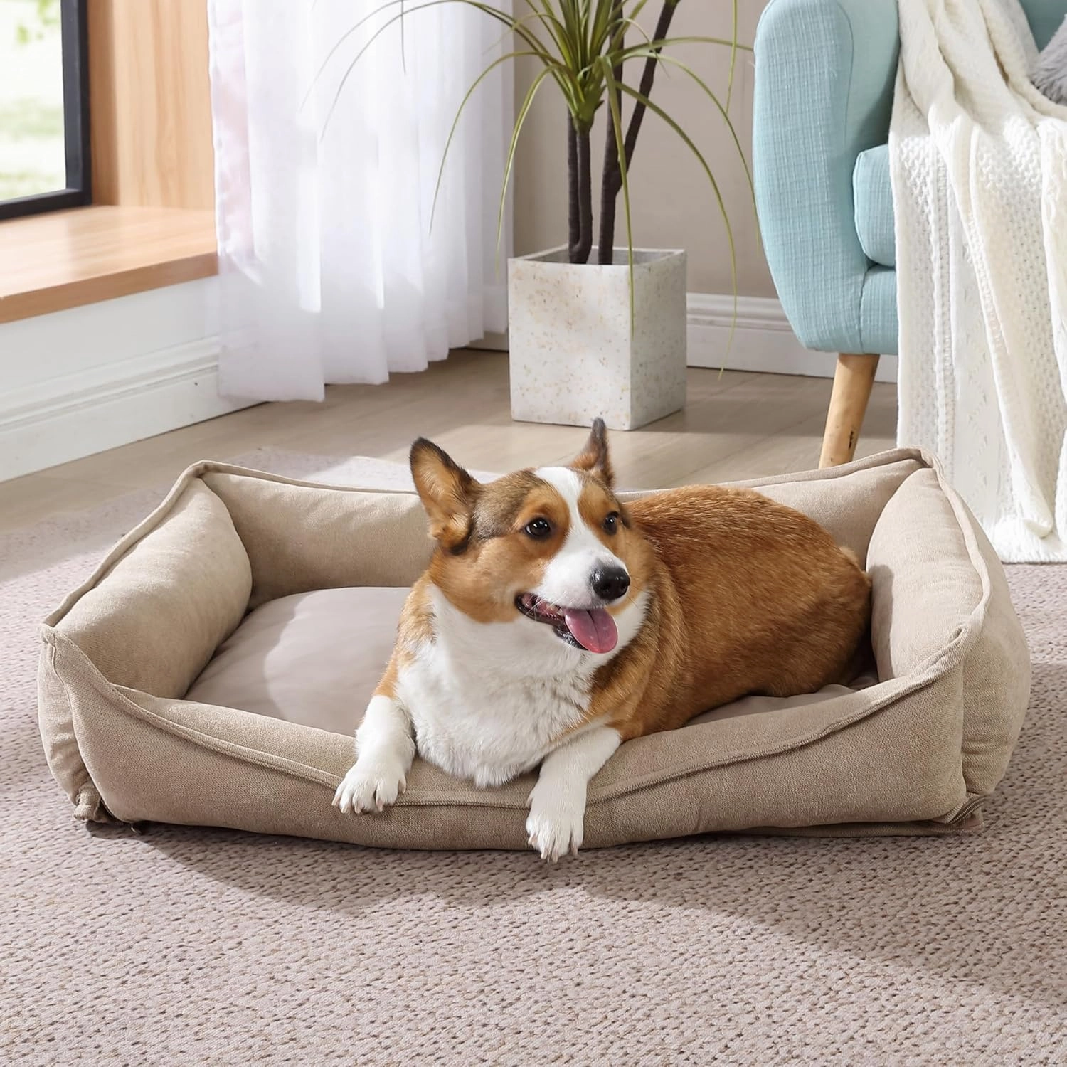 Arlee Crescent Orthopedic Memory Foam Dog Bed - Premium, Durable and Washable Fabric with Waterproof Lining and Nonskid Bottom, Dog Couch for Ultimate Comfort & Style - Medium, Safari