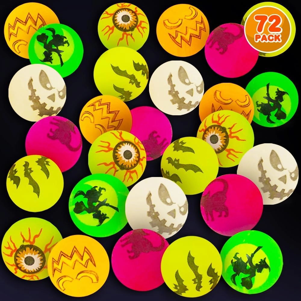 ArtCreativity Halloween Glow in the Dark Bouncing Balls, Bulk Pack of 72, 6 Halloween Theme Designs, 1.25 Inch High-Bounce Balls for Kids, Trick or Treat Giveaways, Party Favors and Goodie Bag Fillers