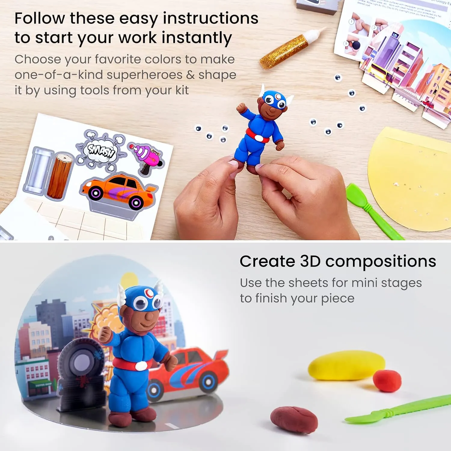 Arteza Kids Air Dry Clay, 42 Bars, Superhero Stage Modeling Clay Kit, 14 Mini-Stages, 14 Googly Eyes, 3 Glitter Glues, 1 Craft Tool, 7 Instruction Sheets, Craft Supplies for Learning and Developing