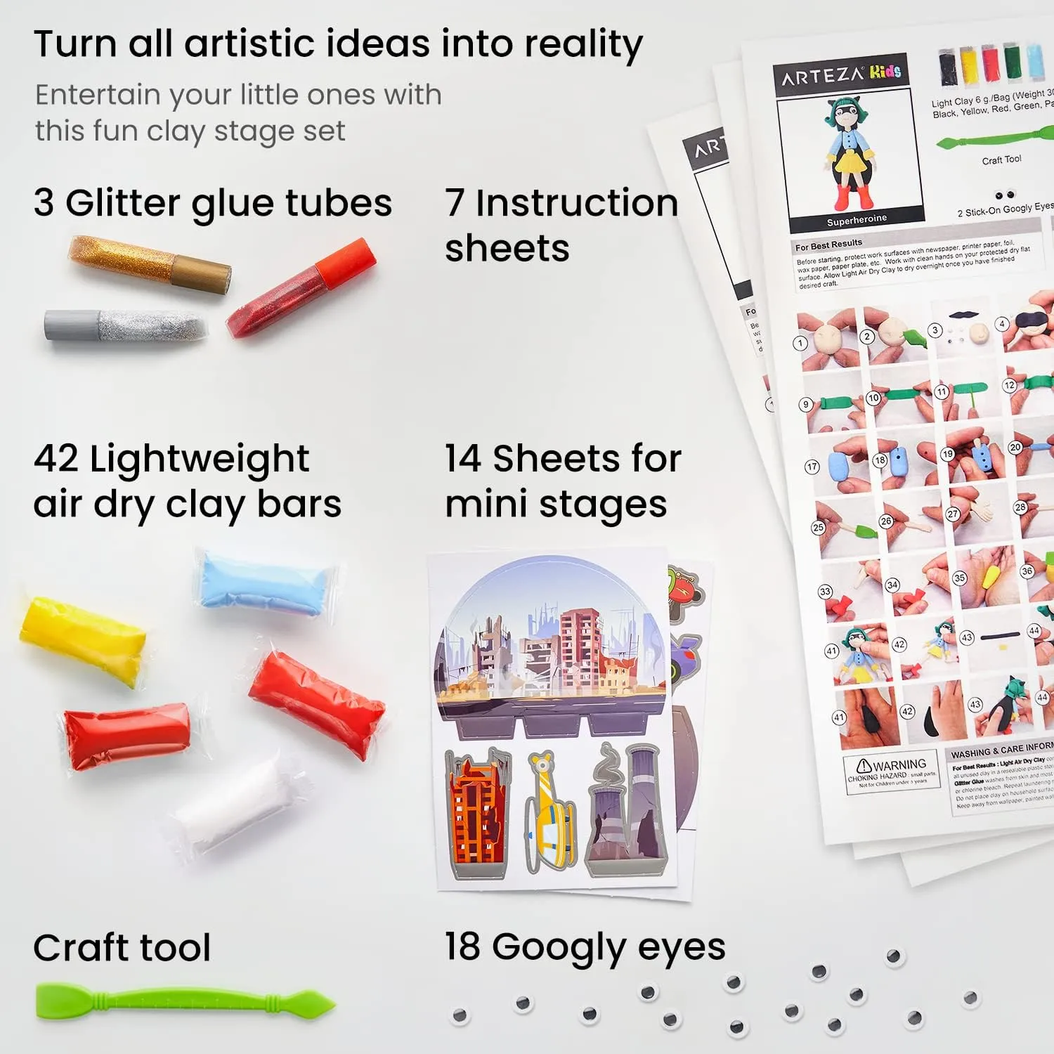 Arteza Kids Air Dry Clay, 42 Bars, Superhero Stage Modeling Clay Kit, 14 Mini-Stages, 14 Googly Eyes, 3 Glitter Glues, 1 Craft Tool, 7 Instruction Sheets, Craft Supplies for Learning and Developing