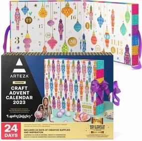 Arteza Advent Calendar2023 (24 Days) Art & Craft Supplies Holiday Gift for Adults, Includes Polymer Clay, Mica Powder, Felt Sheets, Wood Slices & Panels, Acrylic Yarn, Epoxy Resin & Glue