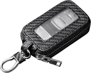 AUCELI Carbon Fiber Car Key Fob Case, Leather Zipper Remote Smart Keychain Protection Bag with Transparent Window, Portable Vehicle Keys Pouch Holder, Universal Auto Accessories (Black)
