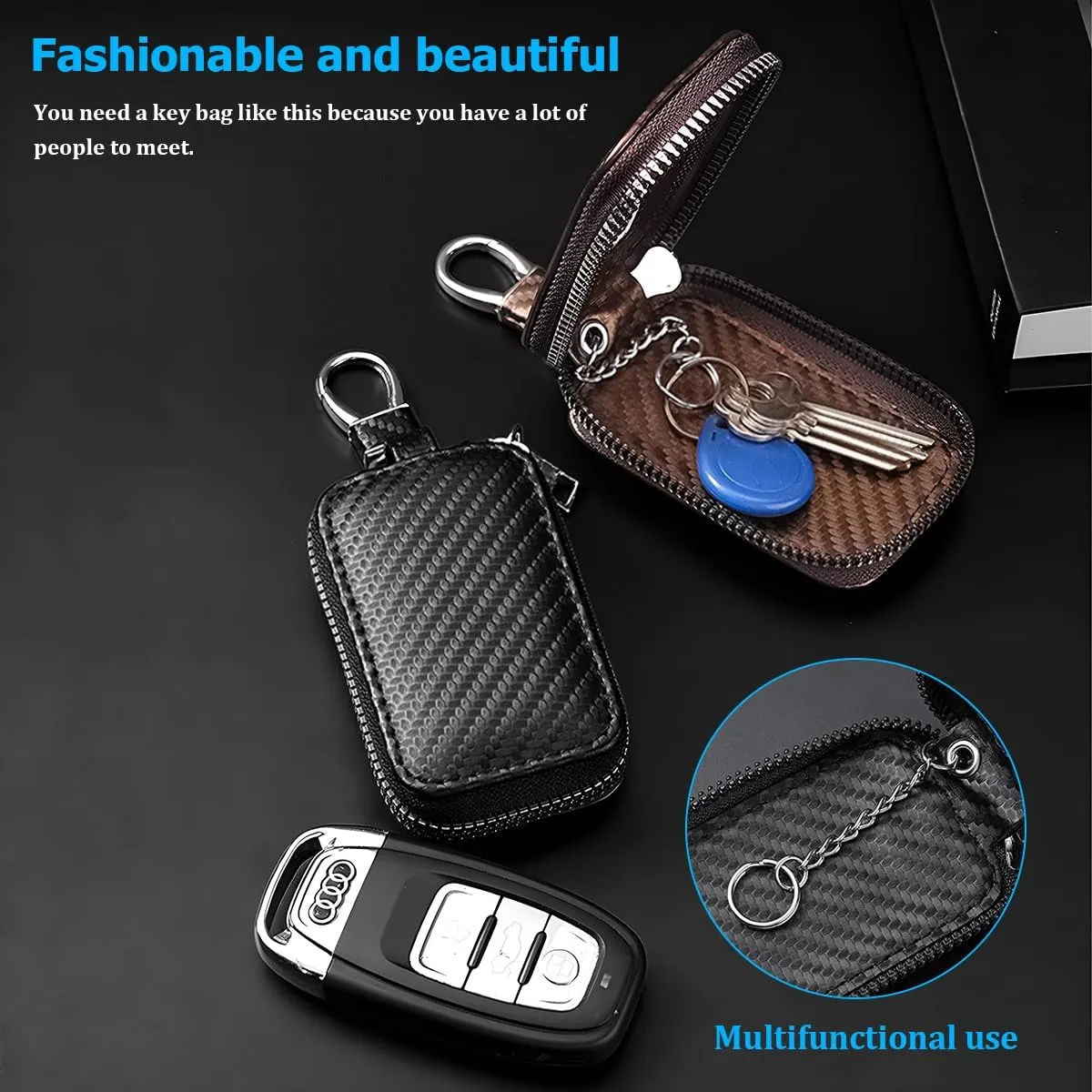 AUCELI Carbon Fiber Car Key Fob Case, Leather Zipper Remote Smart Keychain Protection Bag with Transparent Window, Portable Vehicle Keys Pouch Holder, Universal Auto Accessories (Black)