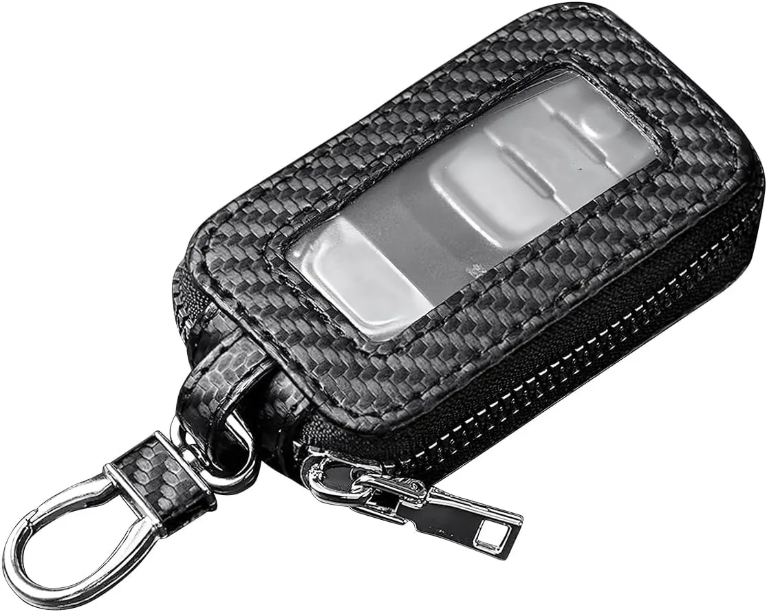 AUCELI Carbon Fiber Car Key Fob Case, Leather Zipper Remote Smart Keychain Protection Bag with Transparent Window, Portable Vehicle Keys Pouch Holder, Universal Auto Accessories (Black)