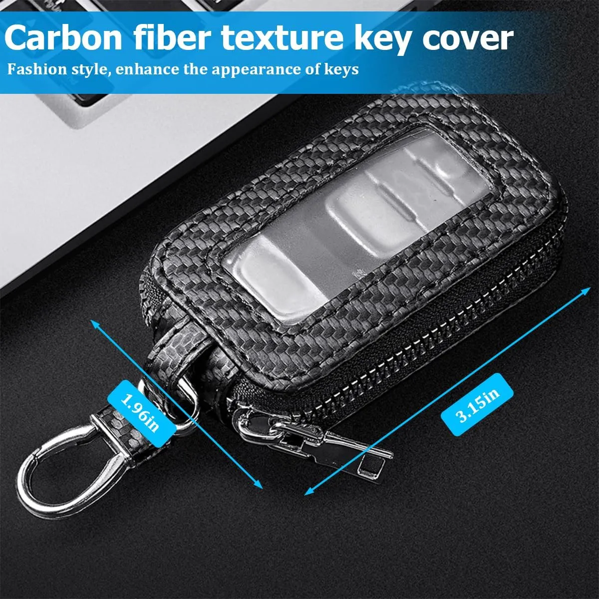 AUCELI Carbon Fiber Car Key Fob Case, Leather Zipper Remote Smart Keychain Protection Bag with Transparent Window, Portable Vehicle Keys Pouch Holder, Universal Auto Accessories (Black)