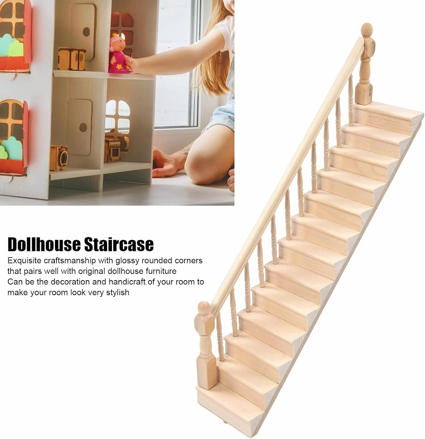 AYNEFY Doll House Stairs, Miniature Staircase Wooden Doll House Building Supplies Cute Doll House Toy 45 Degree Handrail Slope Mini Steps Model for Home Decoration 12.8x2.6inch (Left
