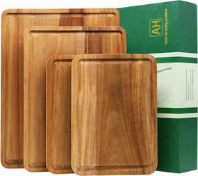 AZRHOM Large Wood Cutting Boards Set of 4 for Kitchen Cheese Charcuterie Board (Gift Box Included) Acacia Butcher Block with Non-slip Mats, Juice Groove and Handles (16x12, 14x10, double 11x8 inch)