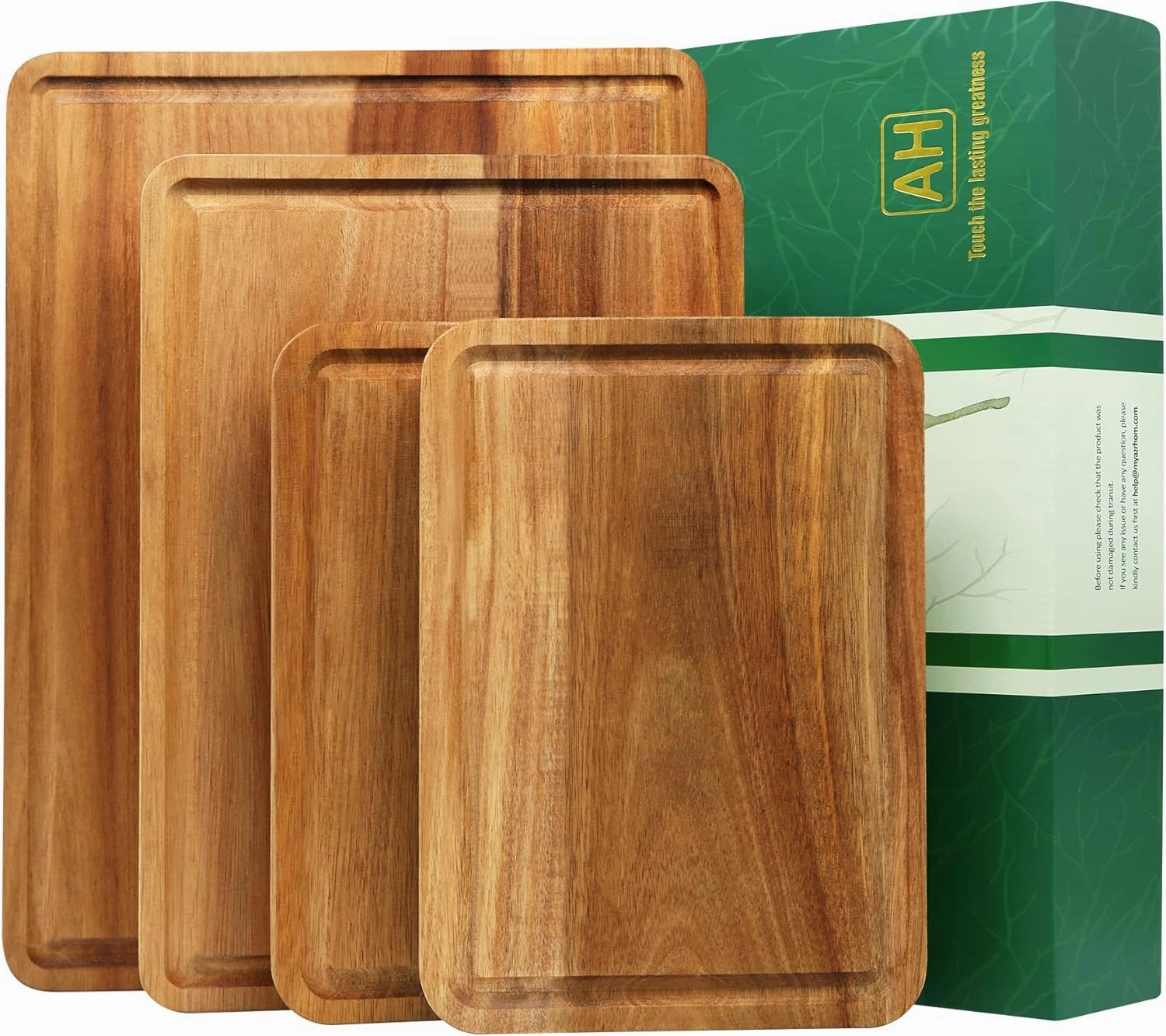 AZRHOM Large Wood Cutting Boards Set of 4 for Kitchen Cheese Charcuterie Board (Gift Box Included) Acacia Butcher Block with Non-slip Mats, Juice Groove and Handles (16x12, 14x10, double 11x8 inch)