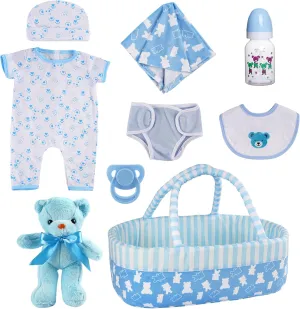 BABESIDE 9 Pcs Reborn Baby Doll Clothes Set for 17-22 Inch Dolls, Reborn Baby Dolls Accessories Doll Bassinet with Bottle Pacifier and Bear Toy for Realistic Newborn Babydolls, Blue