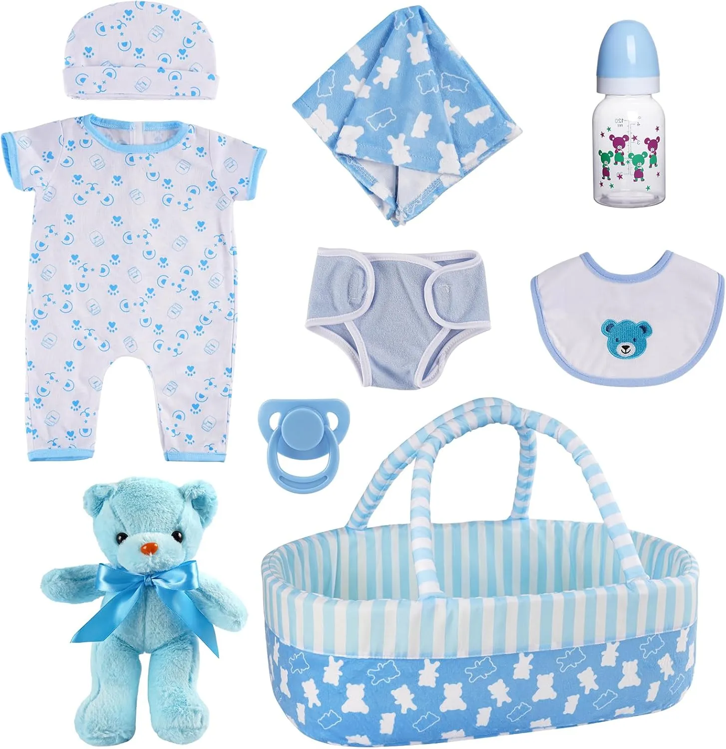BABESIDE 9 Pcs Reborn Baby Doll Clothes Set for 17-22 Inch Dolls, Reborn Baby Dolls Accessories Doll Bassinet with Bottle Pacifier and Bear Toy for Realistic Newborn Babydolls, Blue