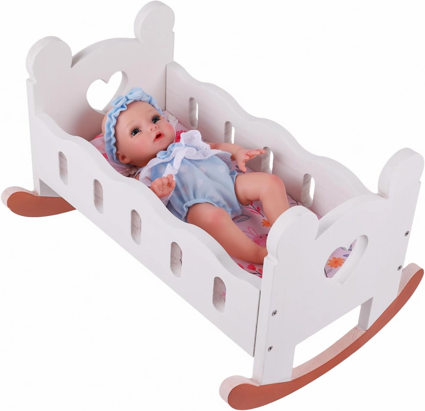 BABESIDE 3 Pcs Baby Doll Crib Set Wooden Baby Doll Cradle for Dolls Up to 16 Inch, Babydoll Accessories Doll Furniture with Bedding Set for Kids Pretend Play Toys, White Babydoll Bed