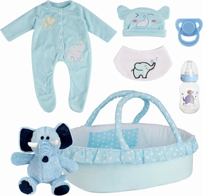 BABESIDE 7 Pcs Reborn Baby Doll Clothes Set with Bassinet for 17-22 Inch Babydolls, Cute Dolls Clothes with Hat Bottle and Elephant Toy for Reborn Baby Doll Accessories, Blue