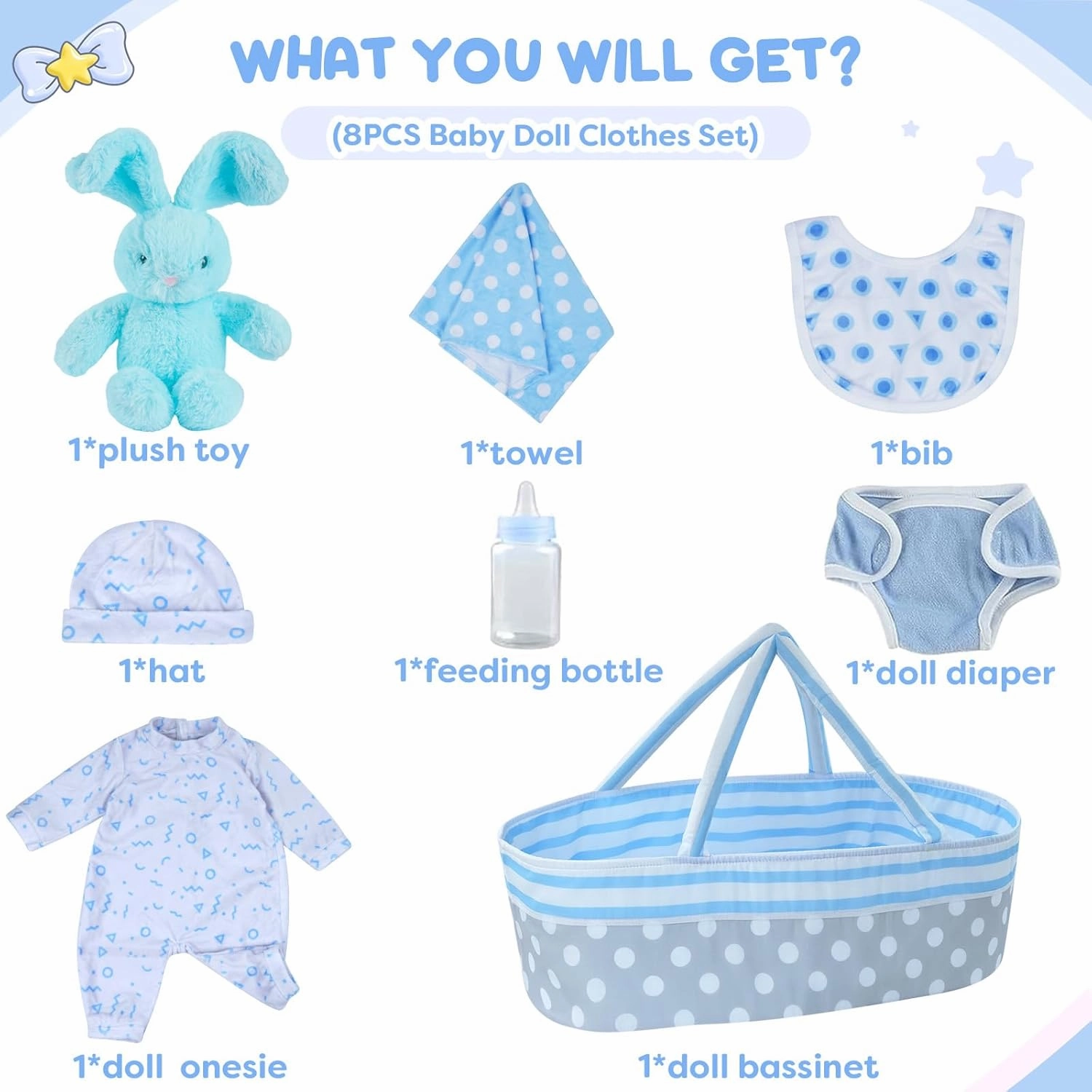 BABESIDE 8 Pcs Reborn Baby Doll Accessories with Bassinet for 17-22 Inch Baby Dolls, Babies Doll Clothes Outfit Accessories fit Reborn Doll Newborn Boy (Not Doll)