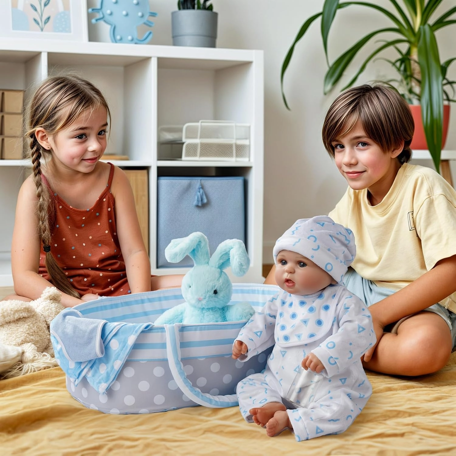 BABESIDE 8 Pcs Reborn Baby Doll Accessories with Bassinet for 17-22 Inch Baby Dolls, Babies Doll Clothes Outfit Accessories fit Reborn Doll Newborn Boy (Not Doll)